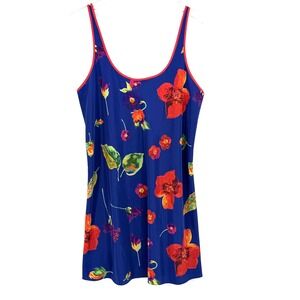 Vintage Floral Mini Slip Dress Size L Blue Scoop Neck Bold Print Nightie Chemise